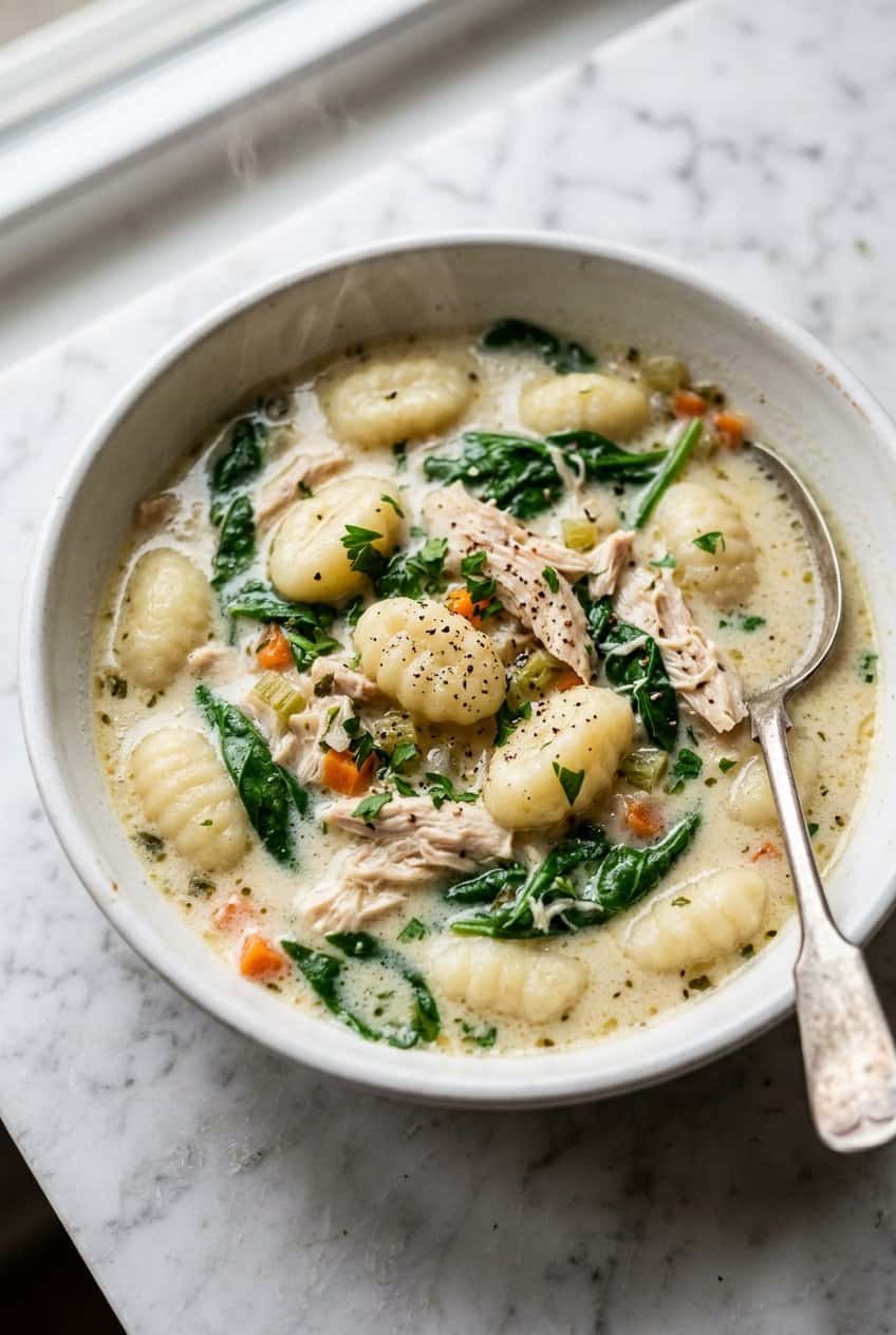 Close up of creamy chicken gnocchi soup with gnocchi and spinach