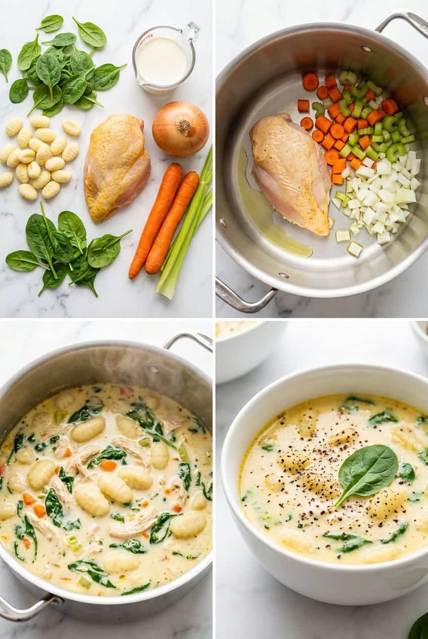 Step by step process of making chicken gnocchi soup