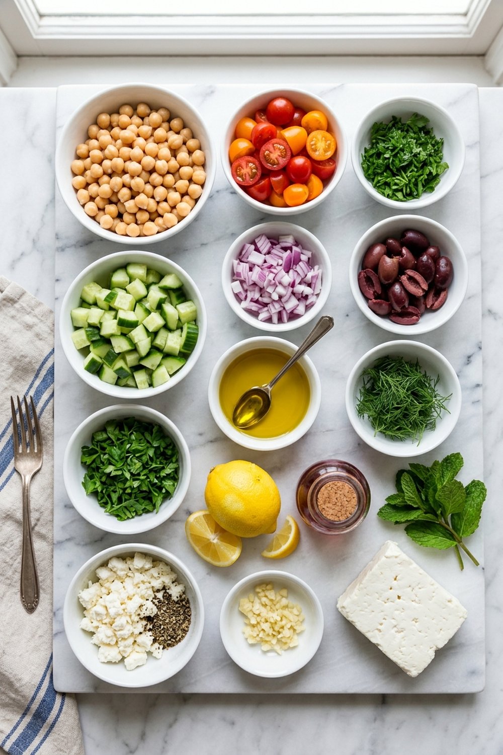 Flat lay of ingredients for Mediterranean chickpea salad on white marble