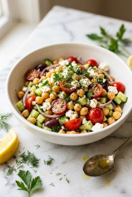 Mediterranean chickpea salad with cucumber tomato olives and feta in white bowl
