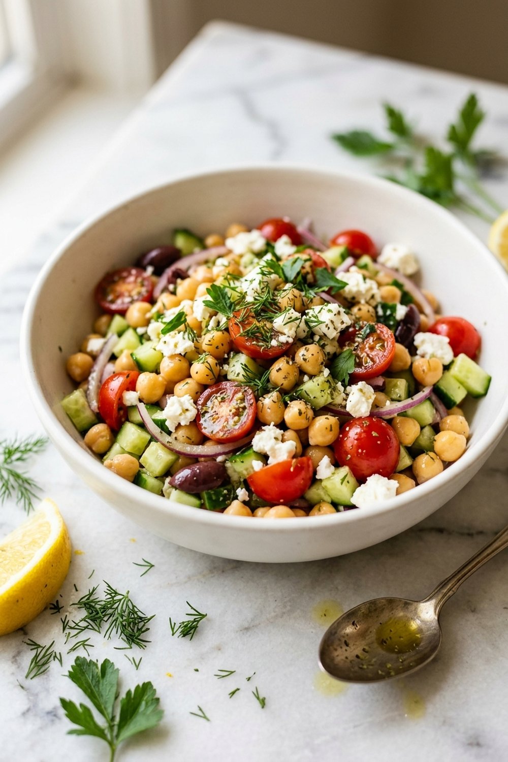 Mediterranean chickpea salad with cucumber tomato olives and feta in white bowl