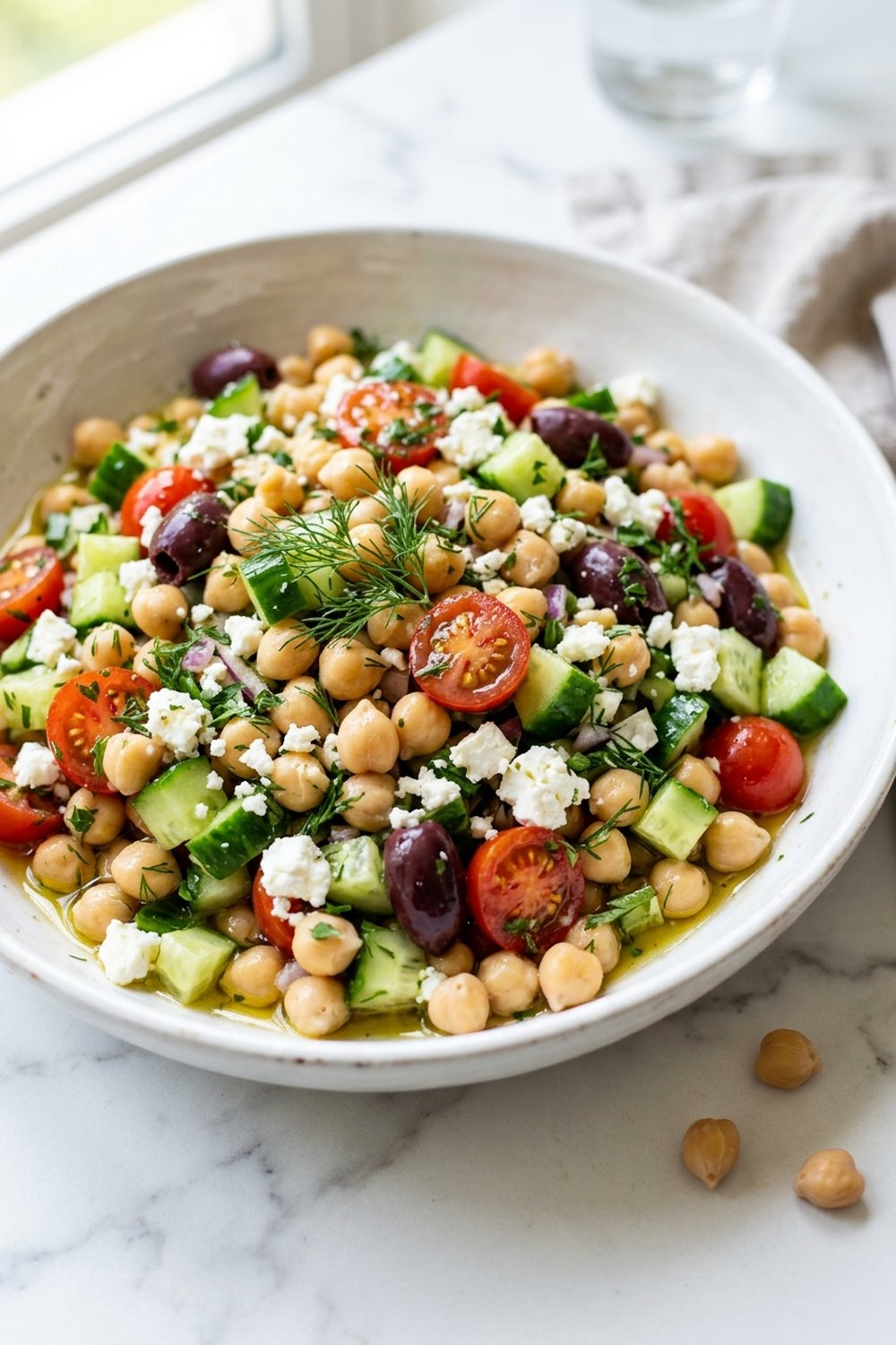 Close up of Mediterranean chickpea salad with feta and olive oil