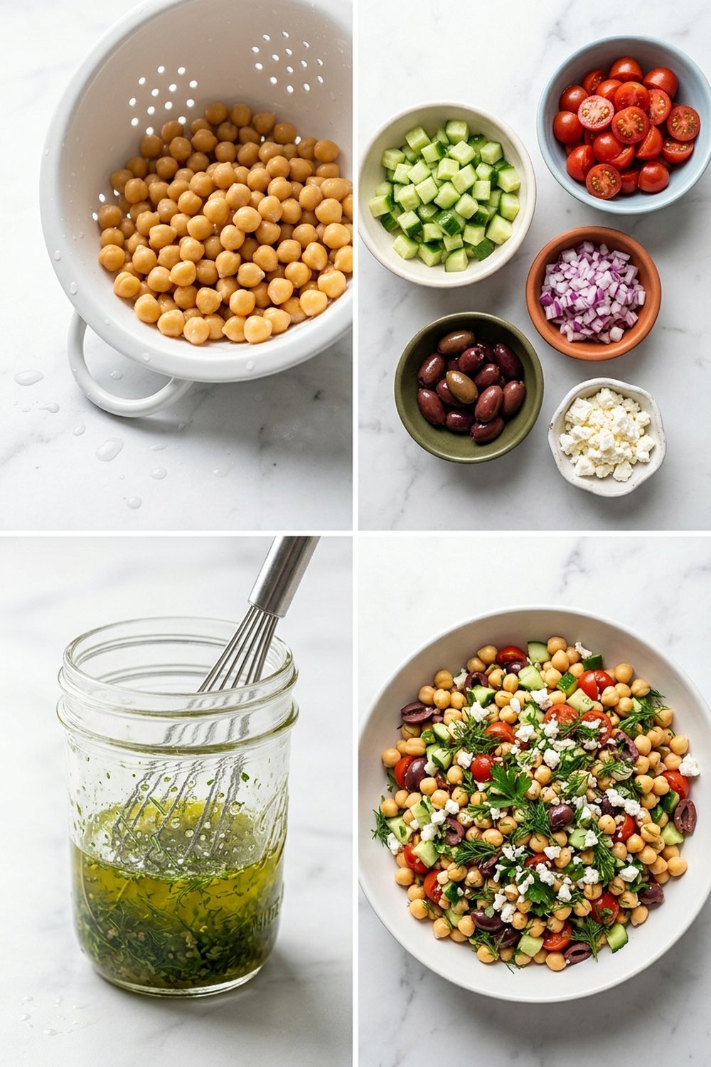 Four step process collage for Mediterranean chickpea salad