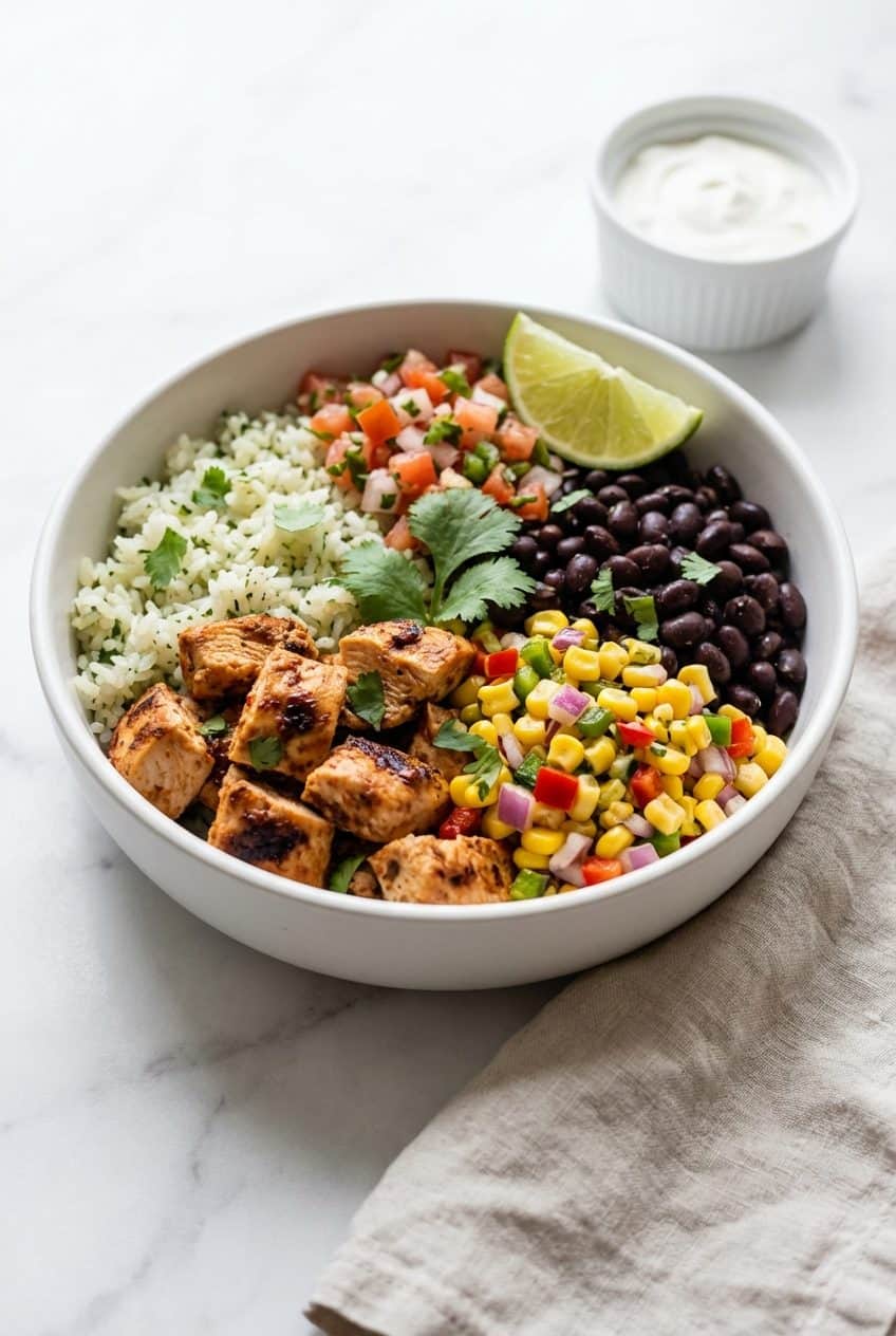 Chipotle chicken burrito bowl with lime and cilantro