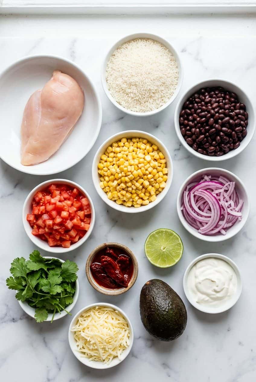 Raw ingredients for chipotle chicken burrito bowl