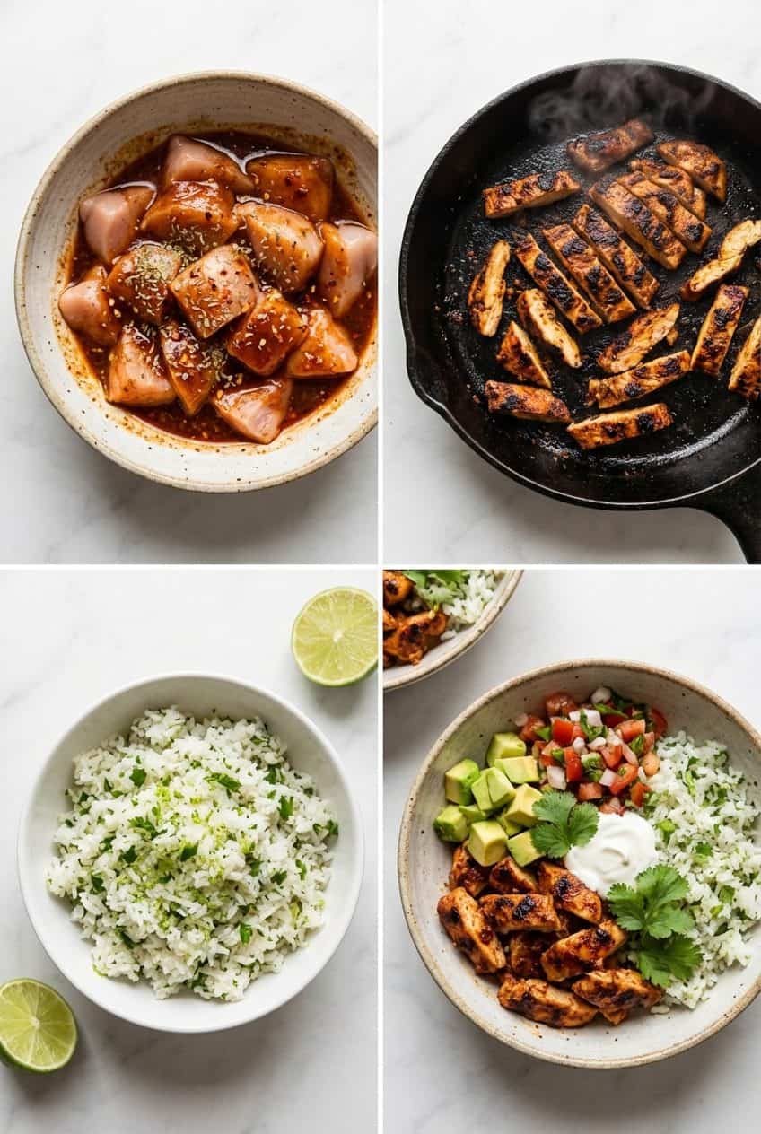 Step by step process of making chipotle chicken burrito bowl