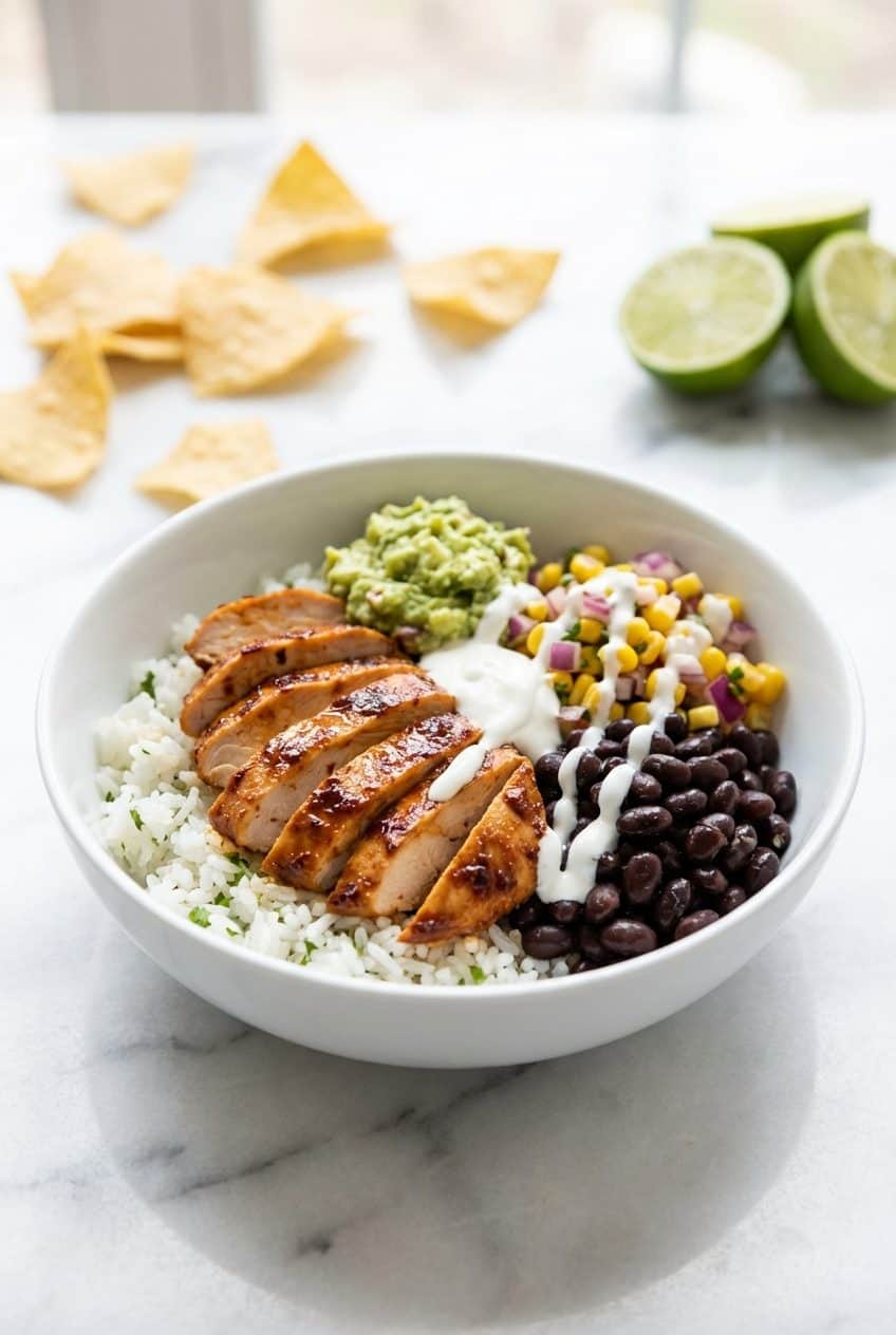 Single serving of chipotle chicken burrito bowl