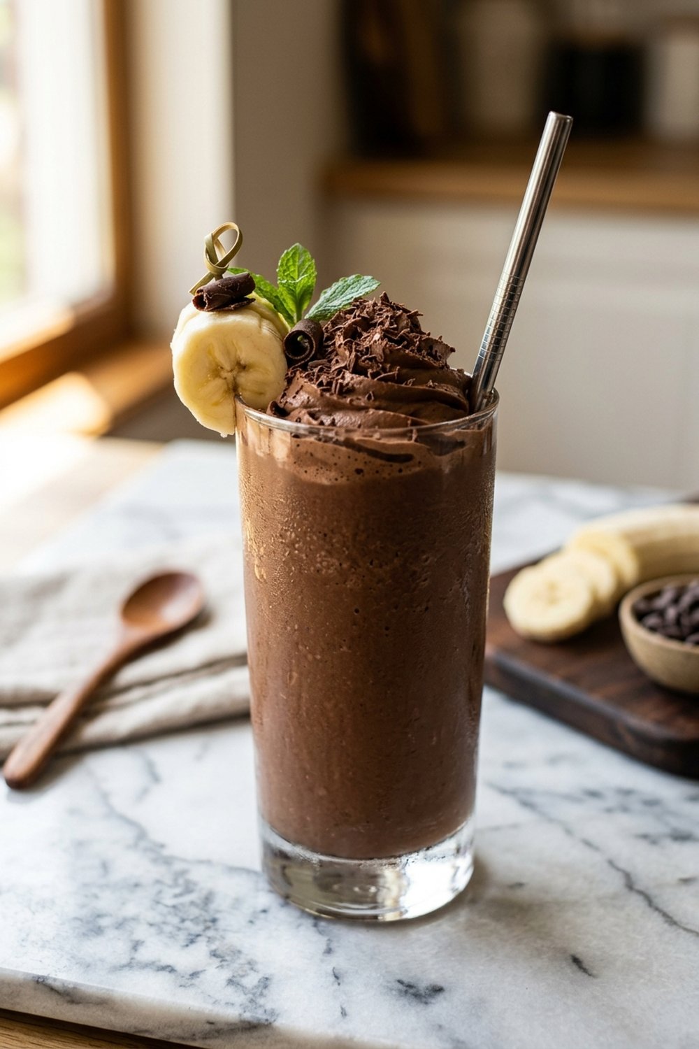 Chocolate Banana Protein Smoothie close up