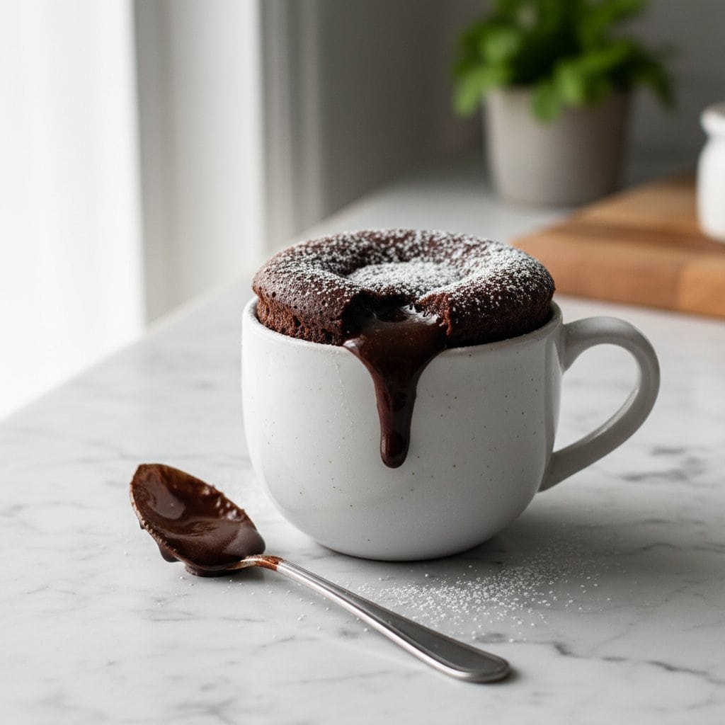 Chocolate lava mug cake in a white ceramic mug on marble with melted chocolate flowing