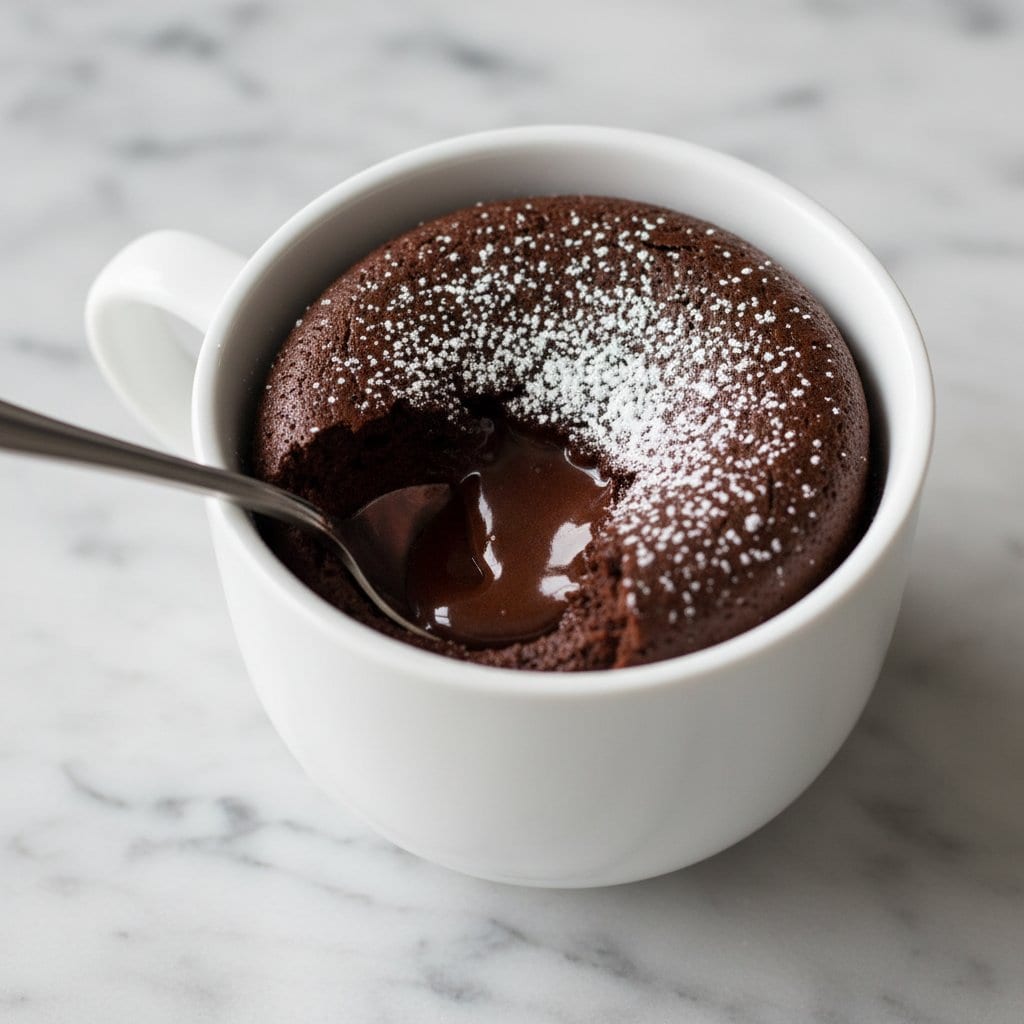 Close up of chocolate lava mug cake with molten chocolate center spilling out