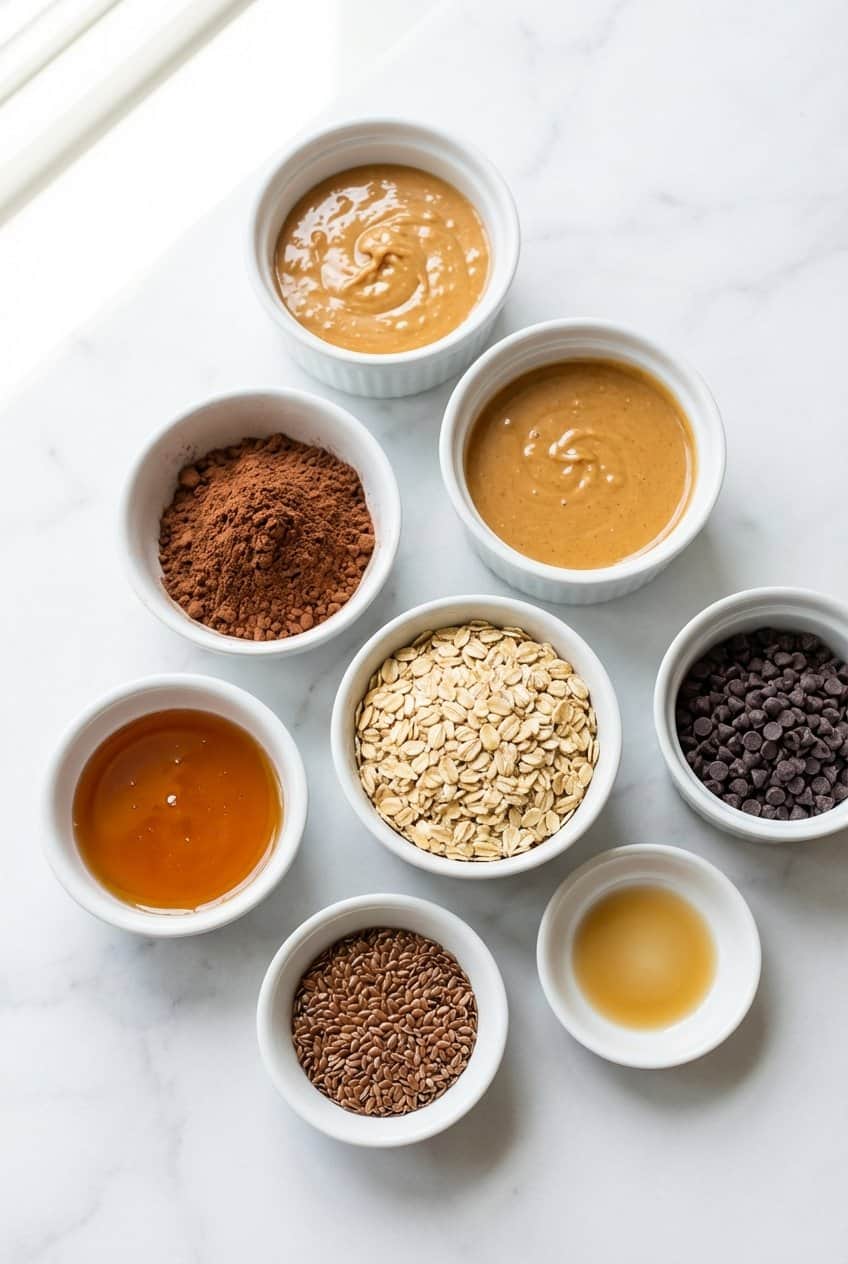 Ingredients for chocolate peanut butter energy bites