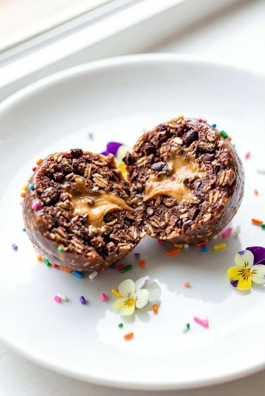 Close up of chocolate peanut butter energy bite