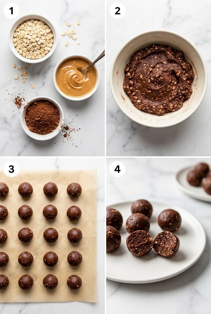 Step by step making chocolate peanut butter energy bites