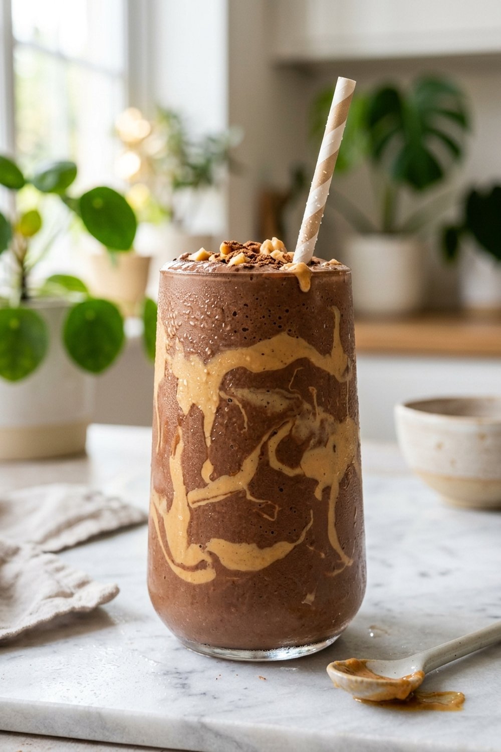 Chocolate Peanut Butter Protein Smoothie close up