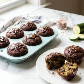 Chocolate zucchini muffins with chocolate chips on a white plate