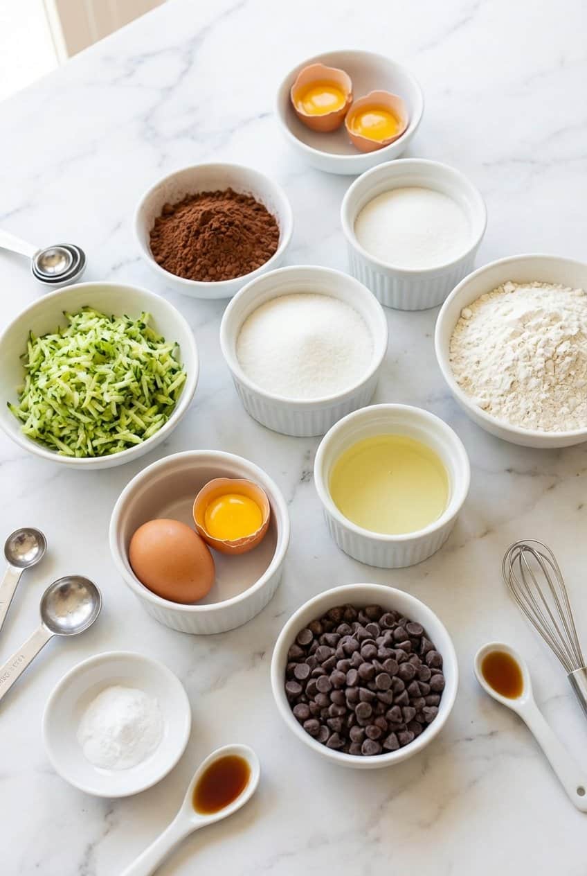 Raw ingredients for chocolate zucchini muffins