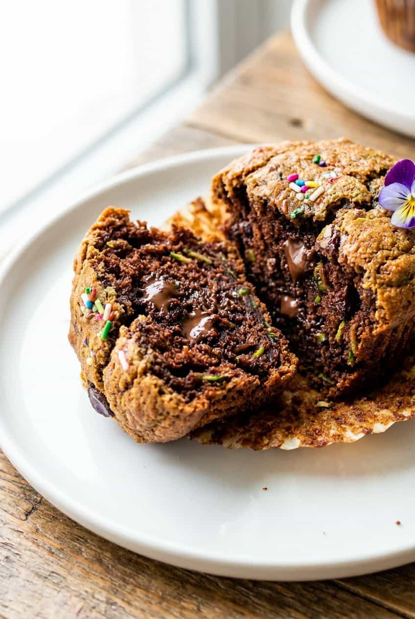 Close up of chocolate zucchini muffin split open