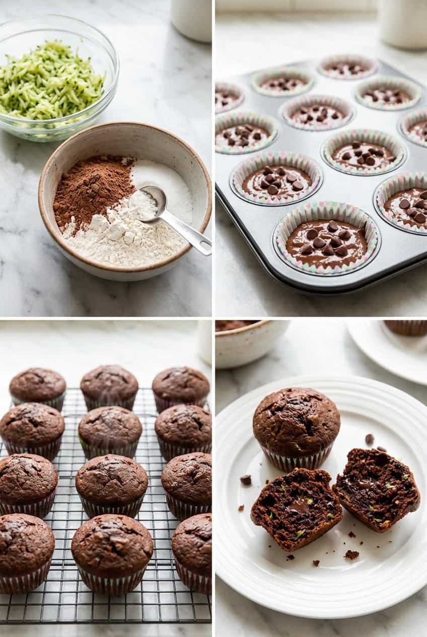 Step by step making chocolate zucchini muffins