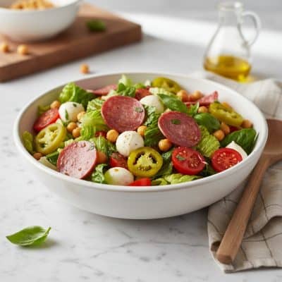 Chopped Italian salad in a white ceramic bowl on marble