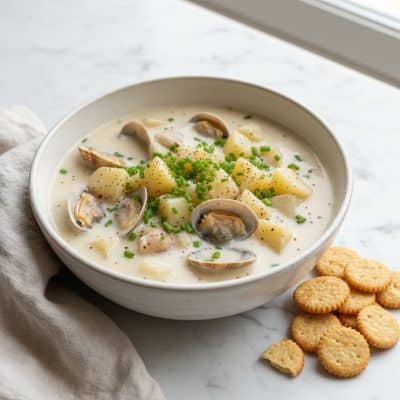 Lightened up clam chowder in a white ceramic bowl on marble