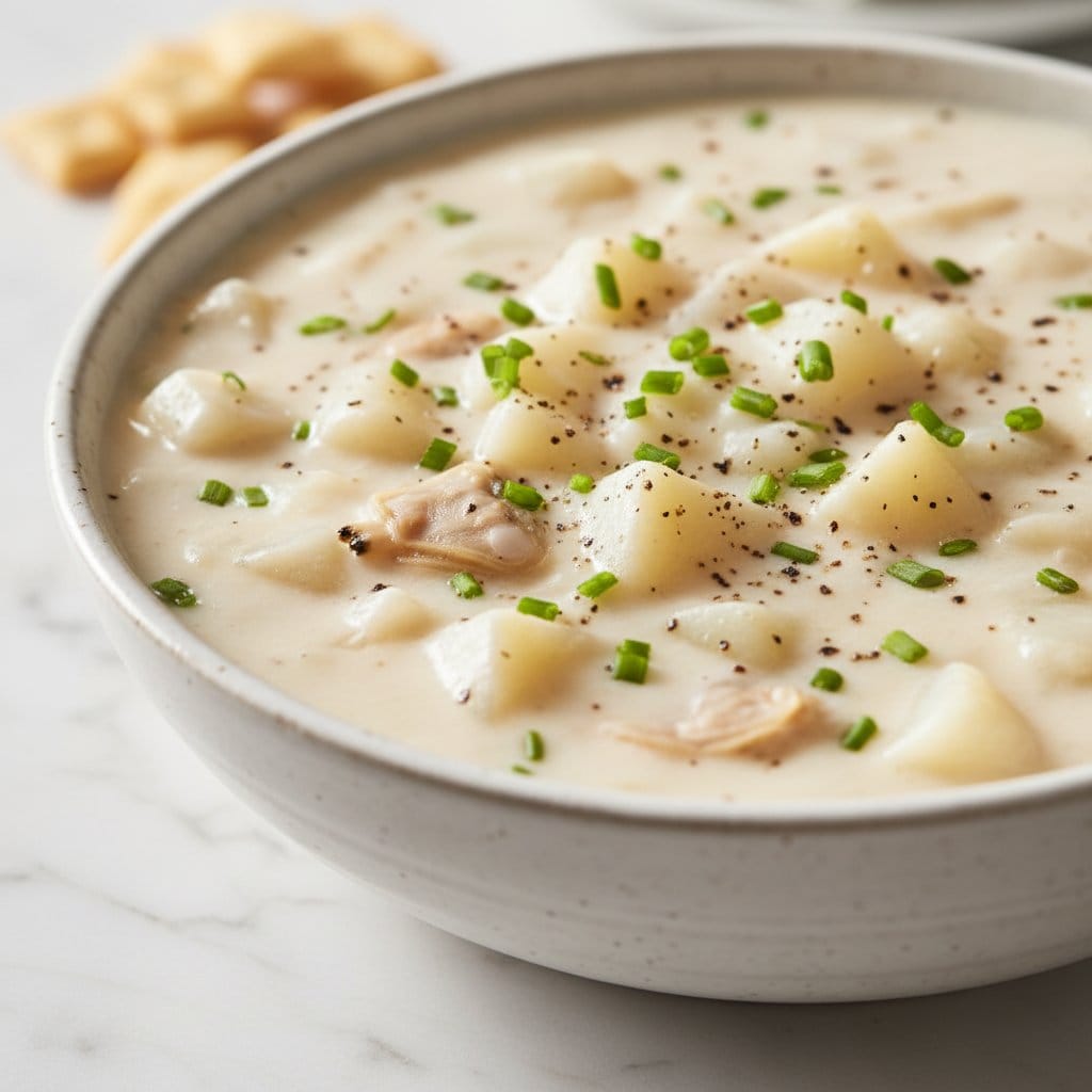 Close up of lightened up clam chowder
