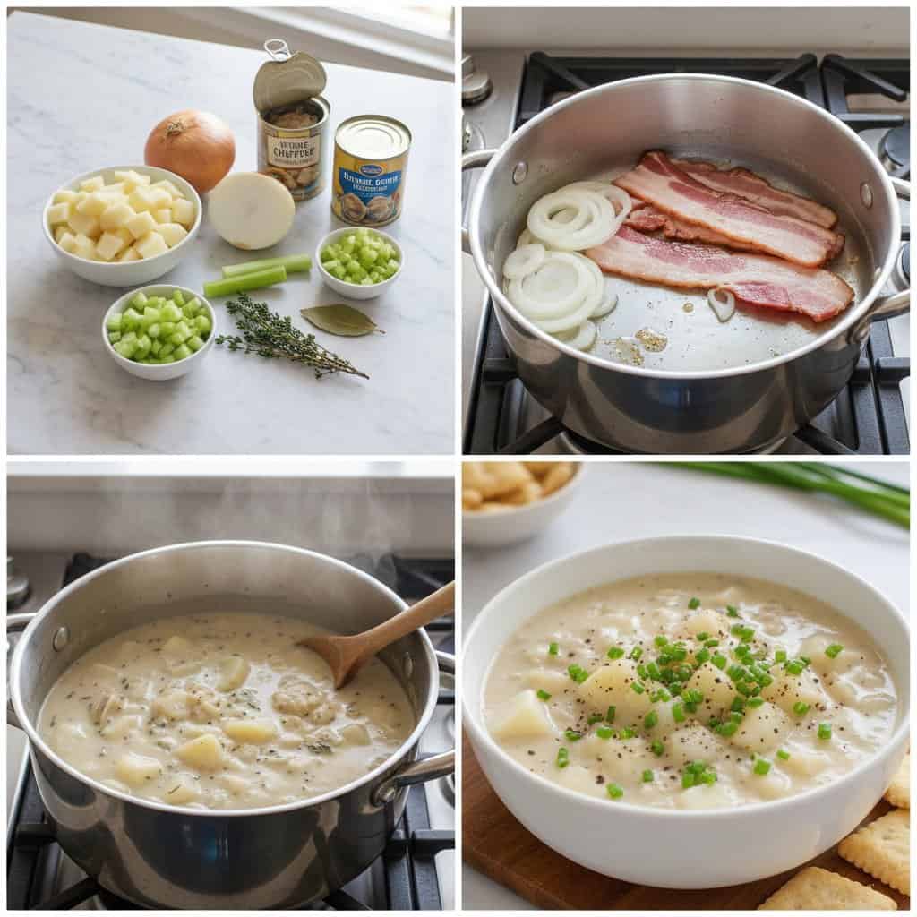 Step by step process for lightened up clam chowder
