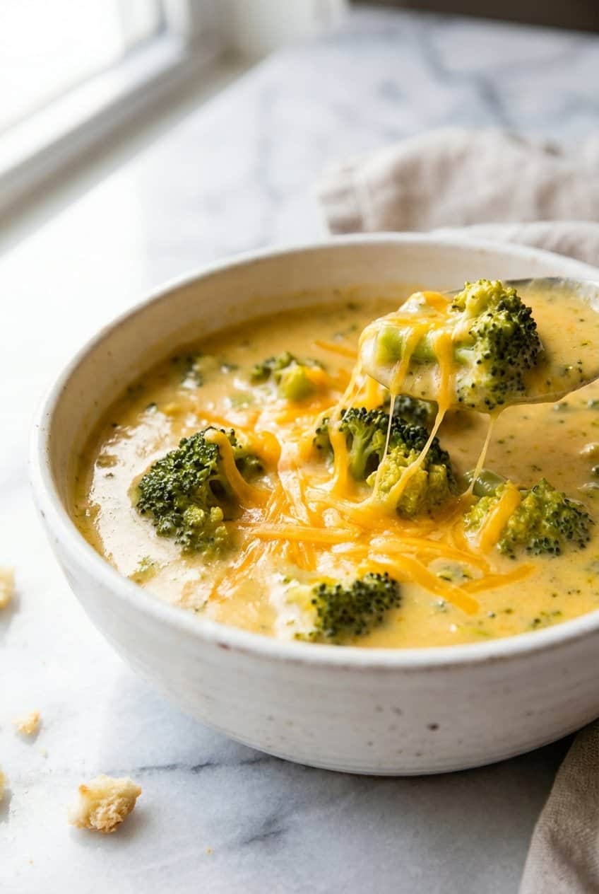 Close up of Copycat Panera Broccoli Cheddar Soup