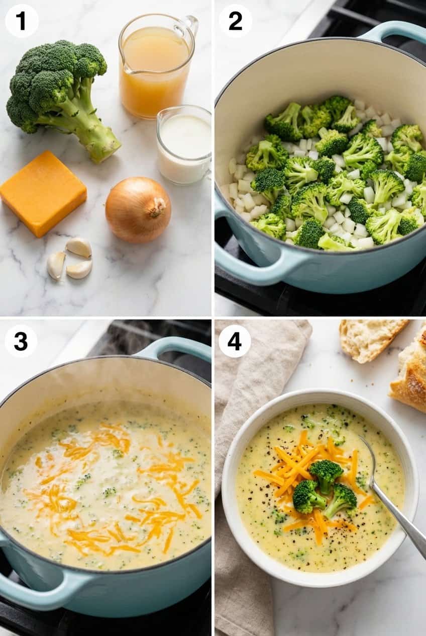 Step by step process for making Copycat Panera Broccoli Cheddar Soup