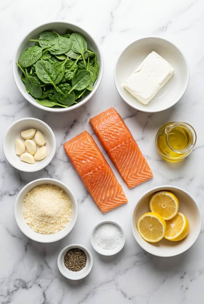Ingredients for Creamy Spinach Stuffed Salmon