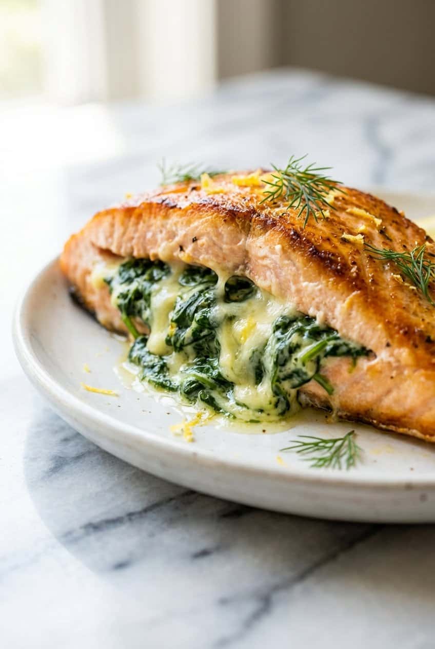 Close up of Creamy Spinach Stuffed Salmon