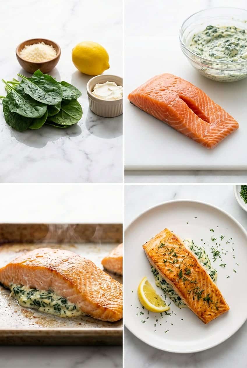 Step by step process for making Creamy Spinach Stuffed Salmon