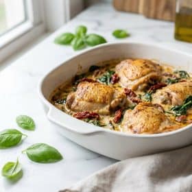 Creamy tuscan chicken thighs in a white baking dish with sun-dried tomato spinach sauce