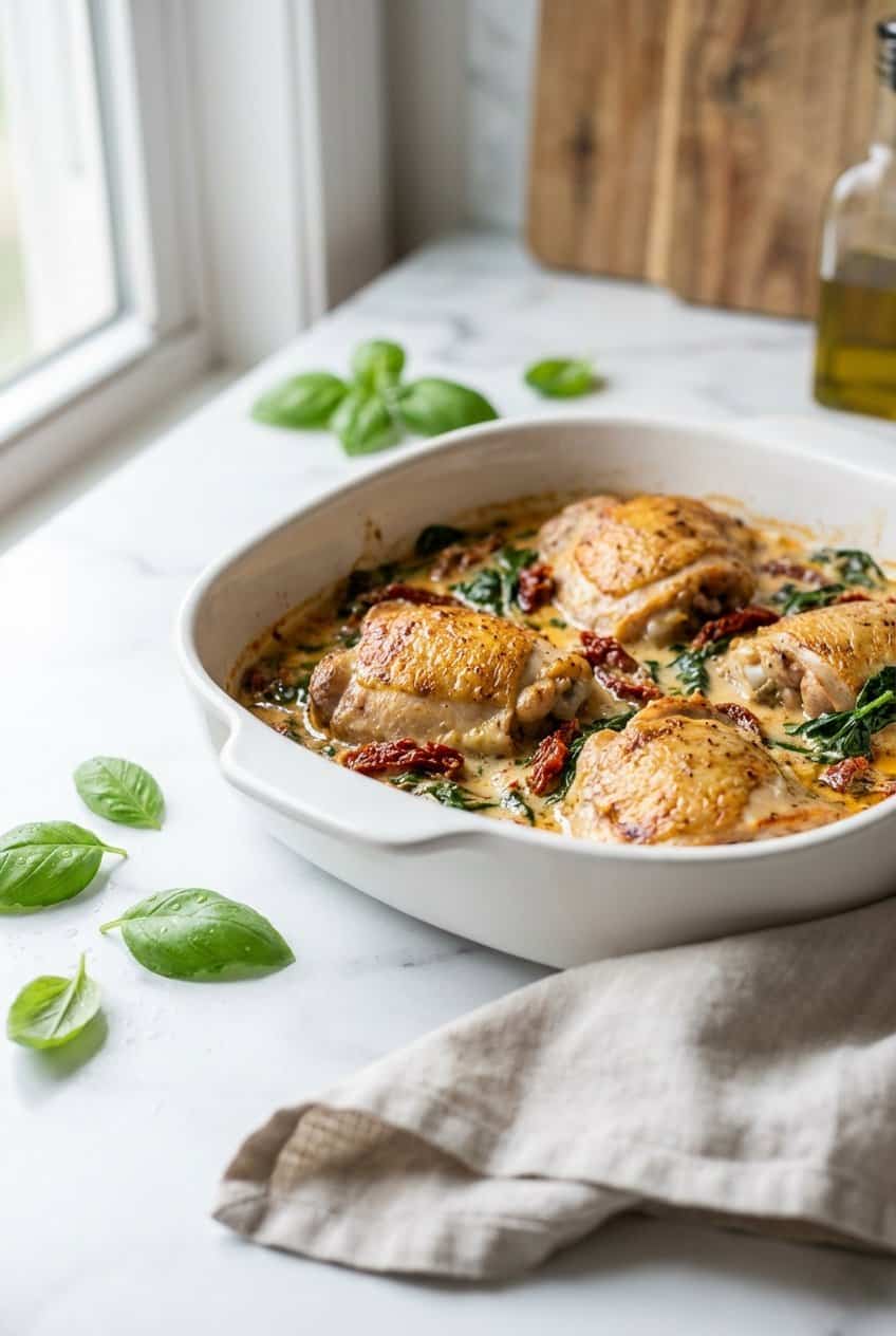 Creamy tuscan chicken thighs in a white baking dish with sun-dried tomato spinach sauce