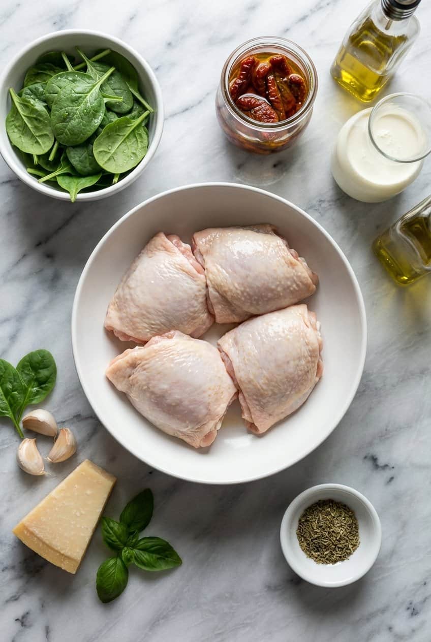 Raw ingredients for creamy tuscan chicken thighs laid out in white bowls on marble
