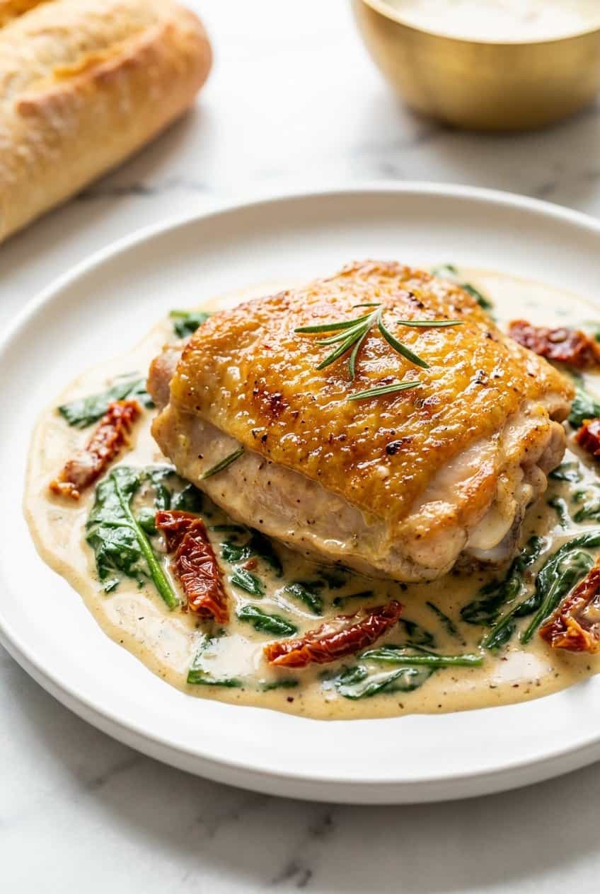 Close-up of creamy tuscan chicken thigh with spinach and sun-dried tomato sauce on white plate