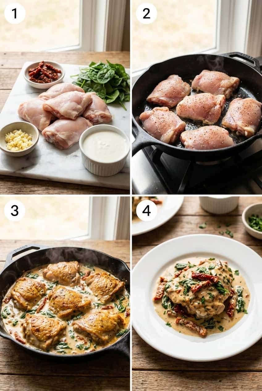 Step by step process of making creamy tuscan chicken thighs from raw to plated