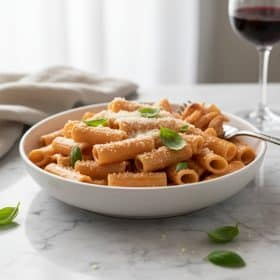 Creamy vodka sauce pasta in a white ceramic bowl on marble with fresh basil