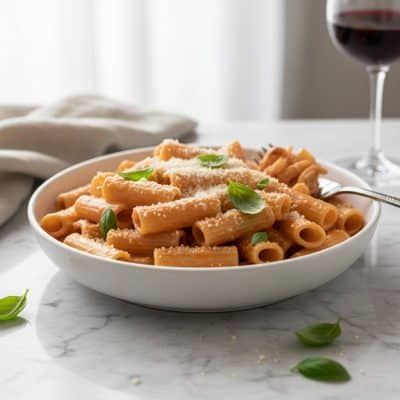 Creamy vodka sauce pasta in a white ceramic bowl on marble with fresh basil