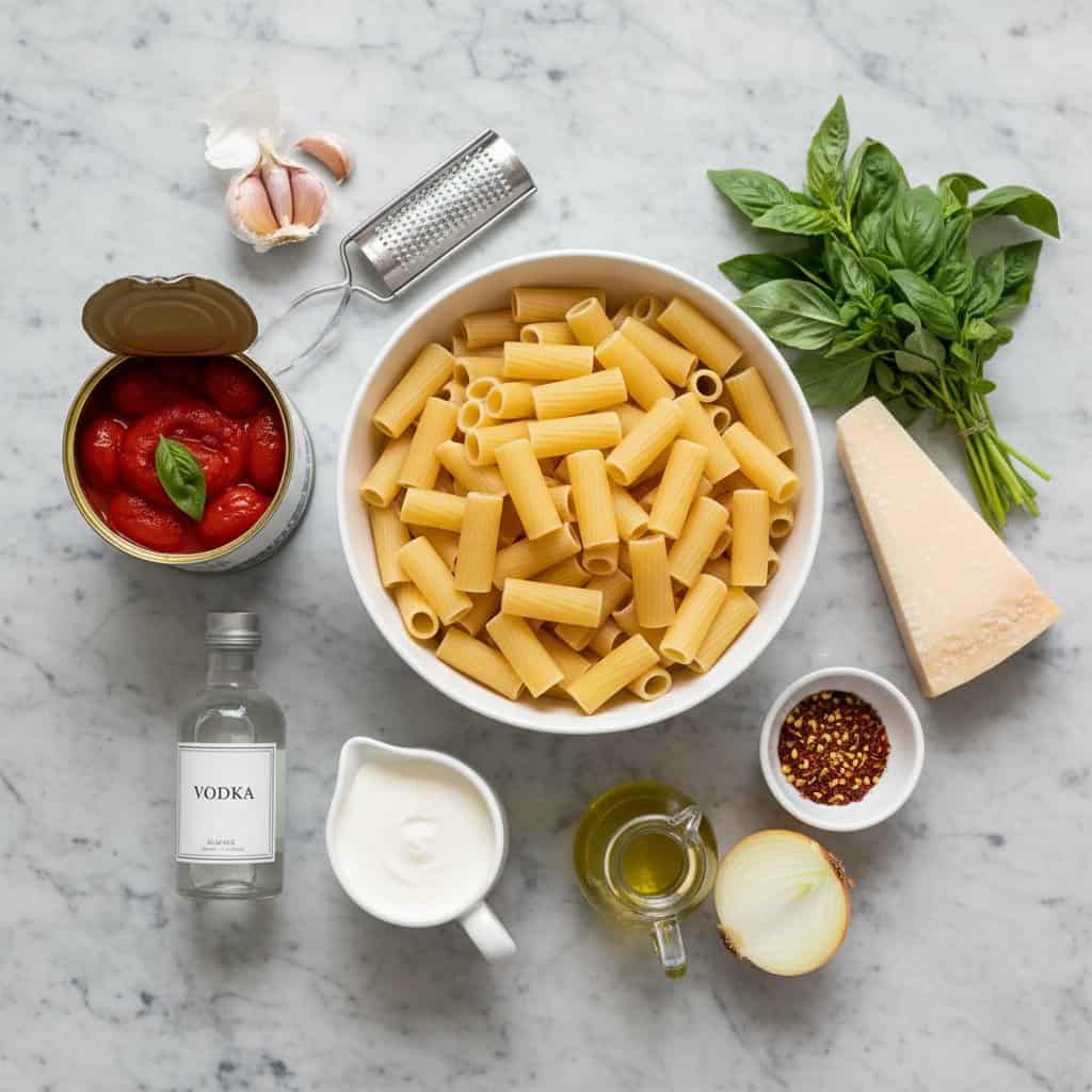 Raw ingredients for creamy vodka sauce pasta
