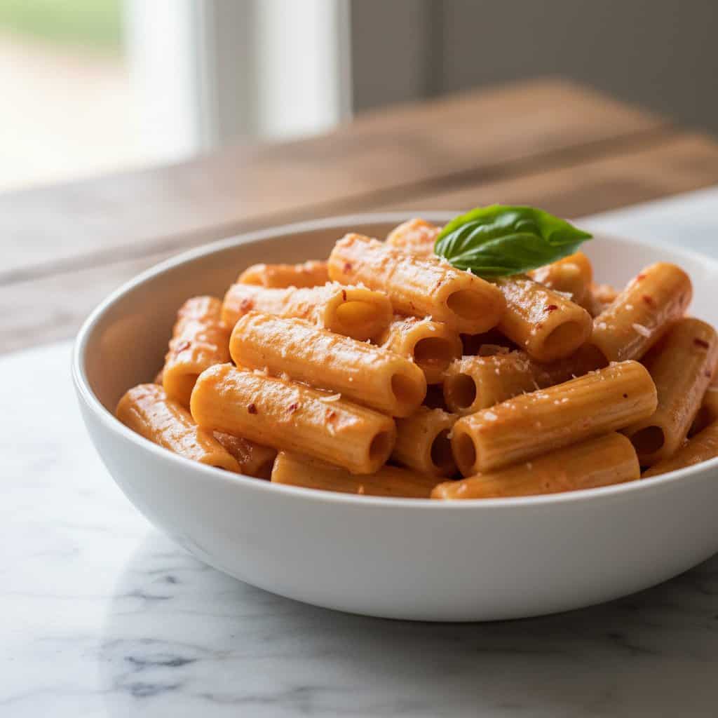 Close up of creamy vodka sauce pasta with rich orange sauce and basil