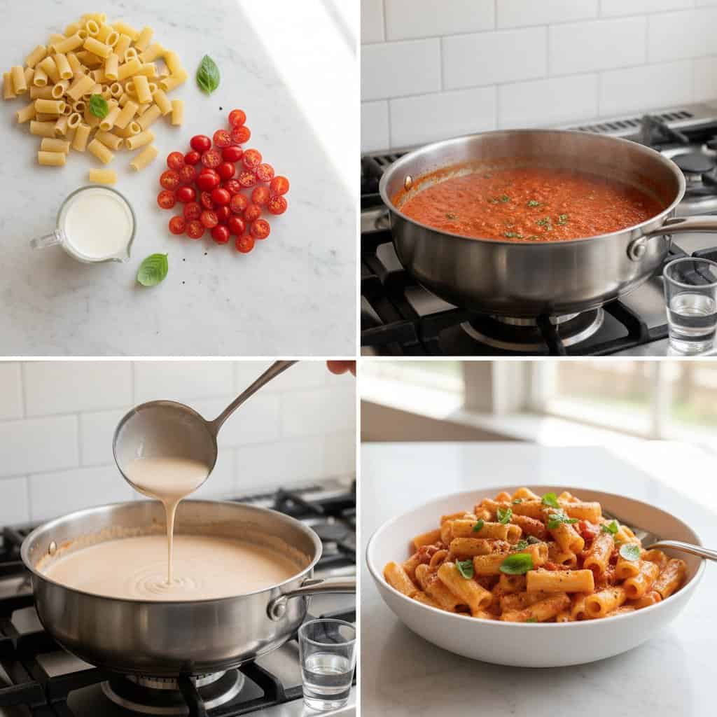 Step by step process of making creamy vodka sauce pasta