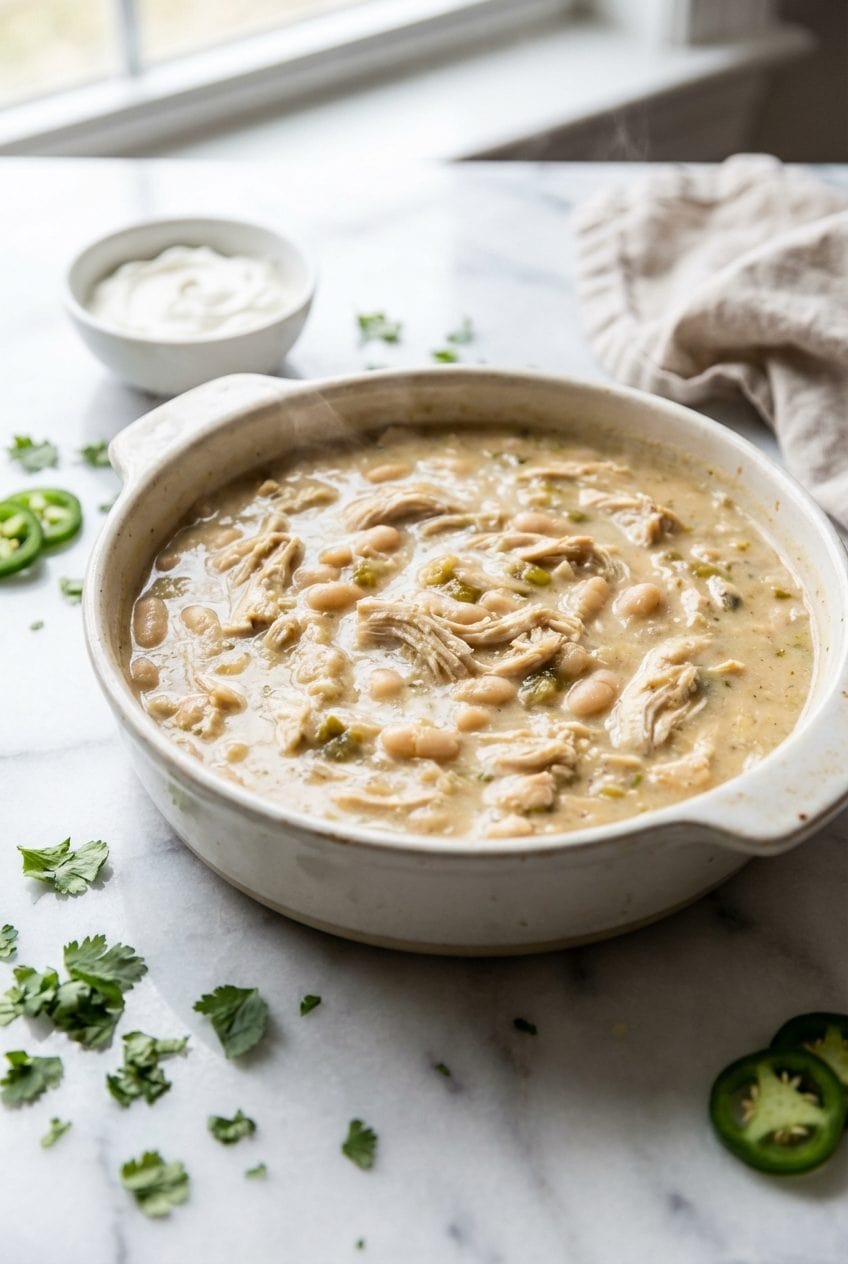 Creamy white chicken chili in a white baking dish topped with sour cream and cilantro