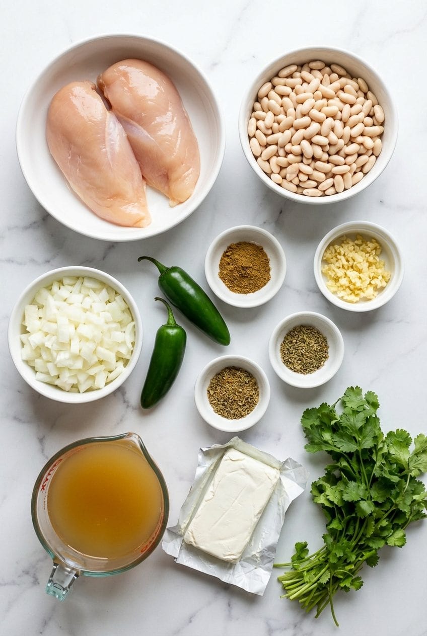 Raw ingredients for creamy white chicken chili in white bowls on marble