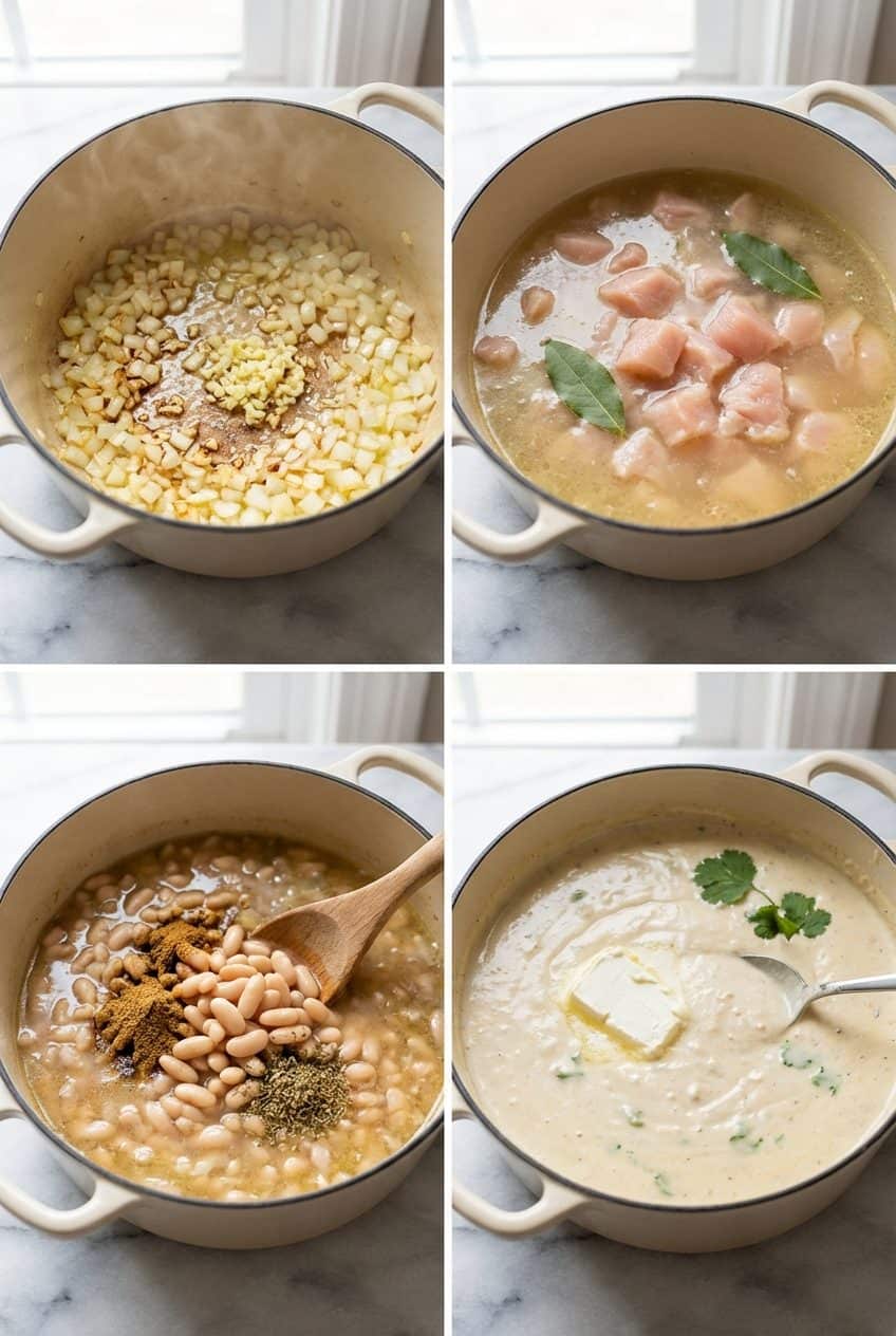 Step by step process of making creamy white chicken chili