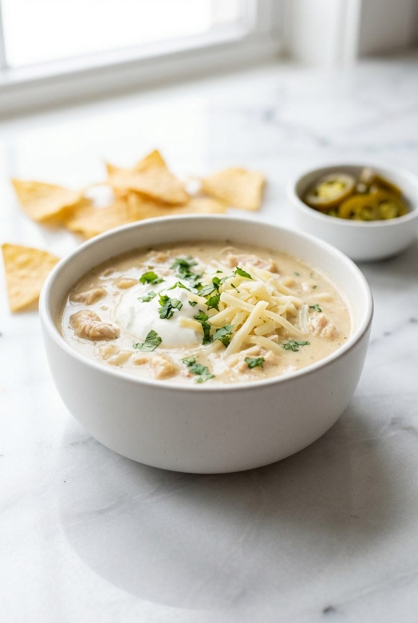 Single serving of creamy white chicken chili in a white bowl with toppings