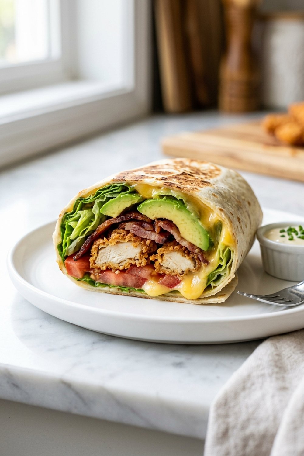 Crispy Chicken Bacon Avocado Wraps close up