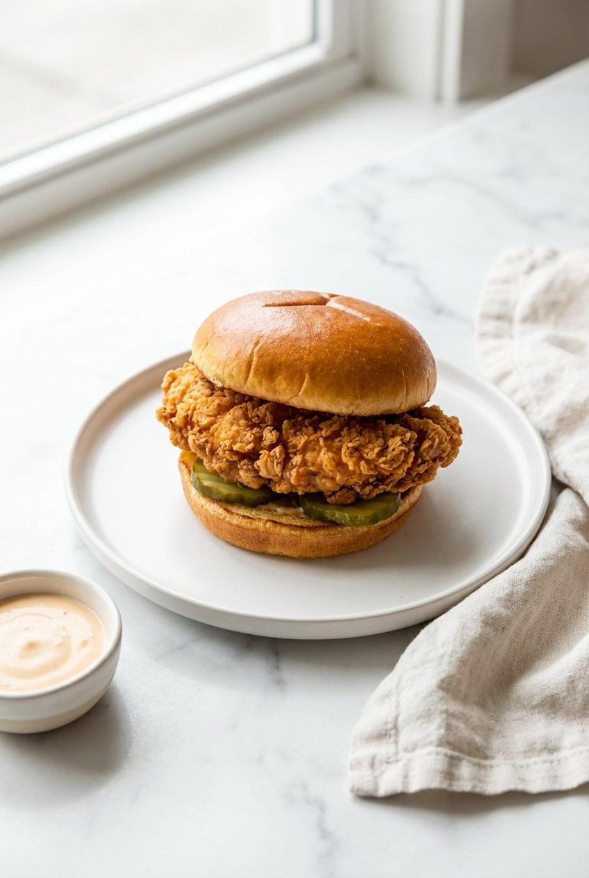 Crispy fried chicken sandwich on a white plate with golden breaded chicken, pickles, and a buttered toasted bun
