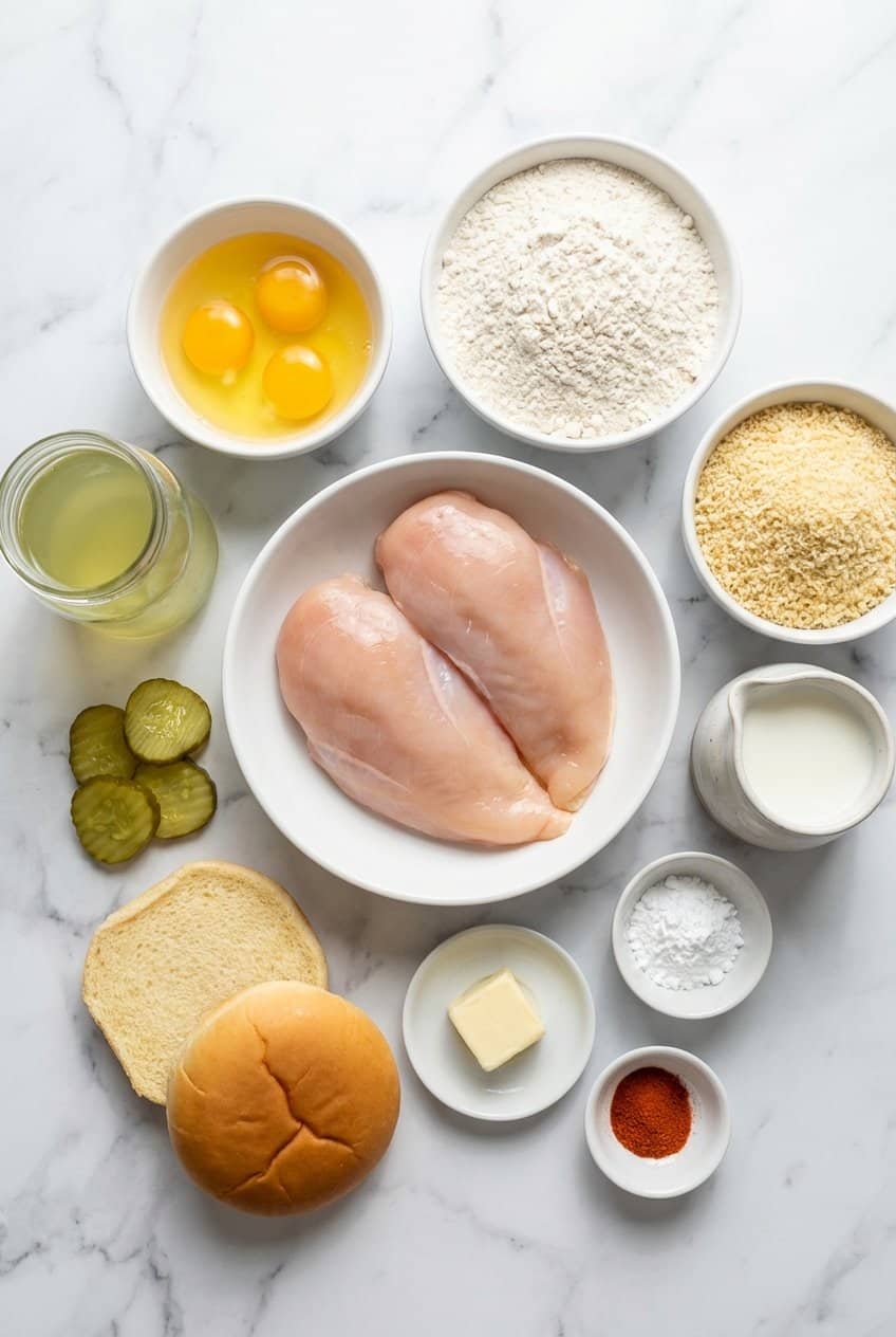 Raw ingredients for crispy chicken sandwich laid out in white ceramic bowls on marble including chicken breasts, flour, eggs, pickles, and brioche buns