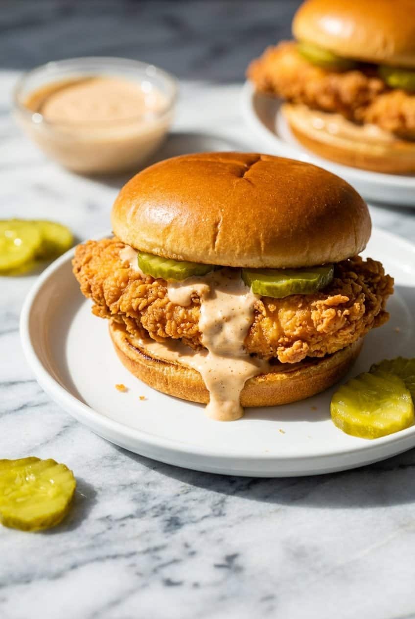 Single crispy chicken sandwich on a white plate with golden fried chicken, pickles peeking out from a buttered toasted brioche bun