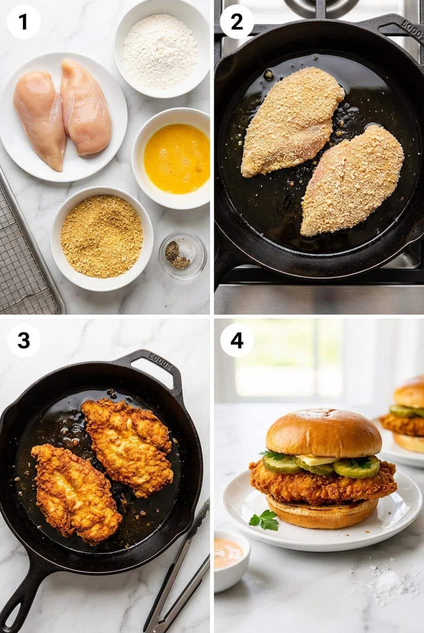 Four panel collage showing step by step process of making crispy chicken sandwich from raw ingredients to finished sandwich